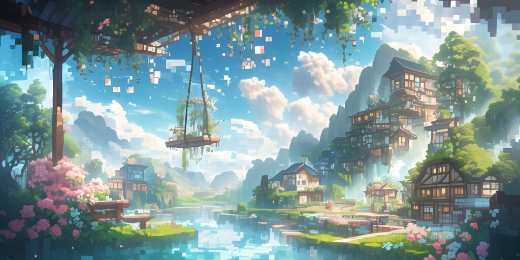 Minecraft風の森の中,家